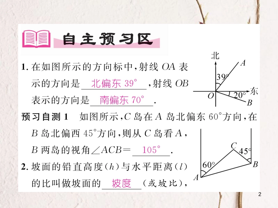 九年级数学下册 第28章 锐角三角形函数 28.2.2 应用举例（第3课时）解与方位角和坡度有关的问题作业课件 （新版）新人教版_第2页