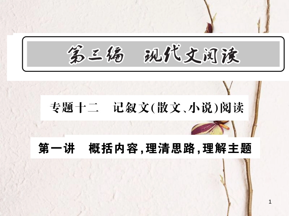 中考语文总复习 第3编 现代文阅读 专题十二 记叙文（散文 小说）阅读 第一讲 概括内容 理清思路 理解主题课件 语文版(1)_第1页