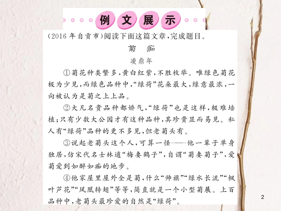 中考语文总复习 第3编 现代文阅读 专题十二 记叙文（散文 小说）阅读 第一讲 概括内容 理清思路 理解主题课件 语文版(1)_第2页