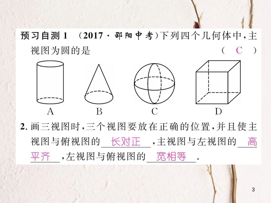 九年级数学下册 第29章 投影与视图 29.2 三视图（第1课时）物体的三视图作业课件 （新版）新人教版_第3页