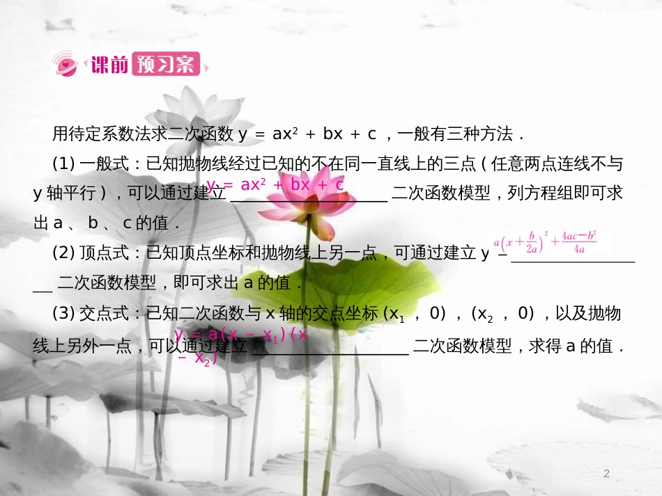 九年级数学上册 22 二次函数 22.1 二次函数的图象和性质 22.1.4 第2课时 用待定系数法求二次函数y＝ax2+bx+c的解析式课件 （新版）新人教版_第2页