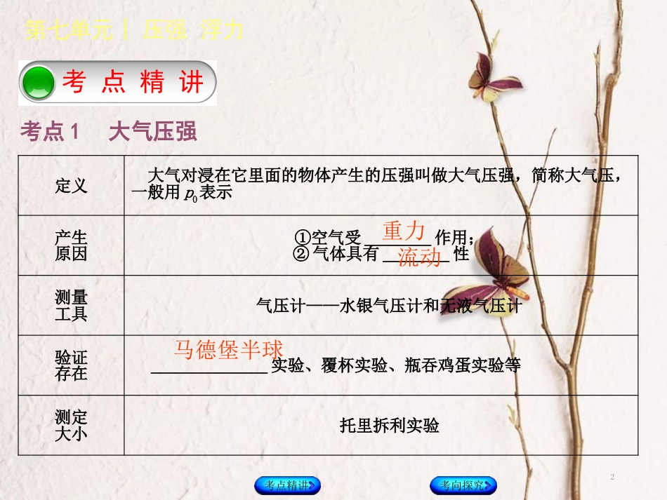 中考物理复习 第七单元 压强 浮力 第12课时 大气压强 流体压强与流速的关系课件_第2页