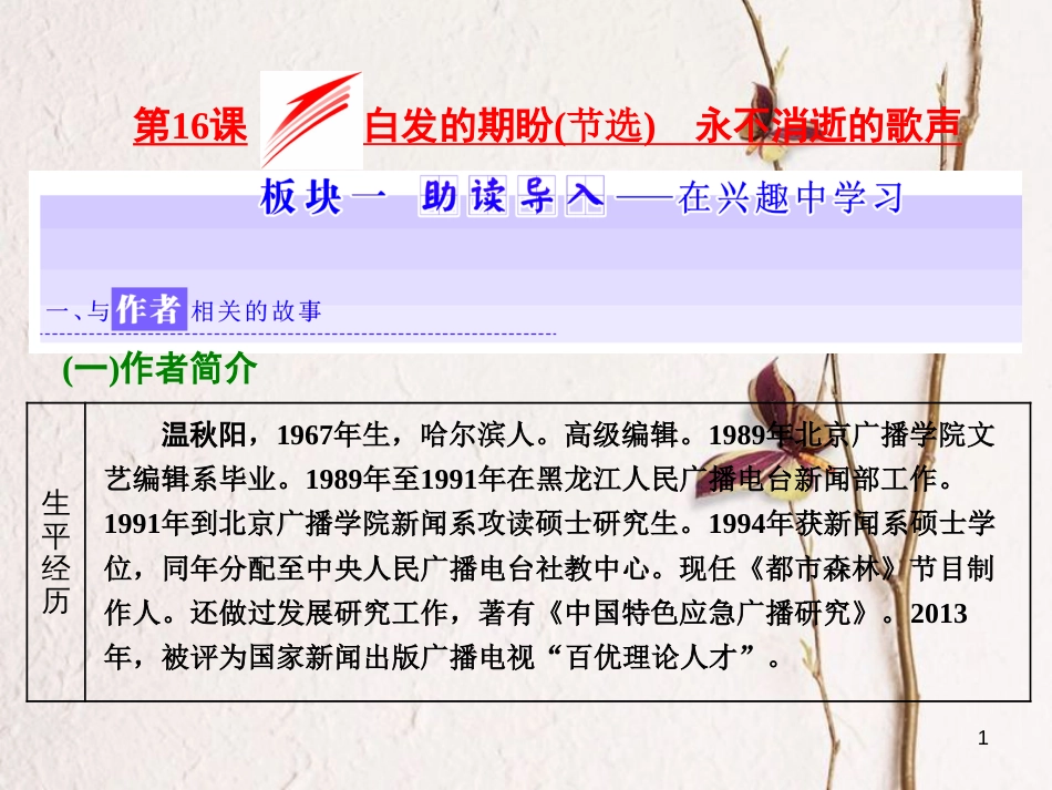 高中语文 第四专题 第16课 白发的期盼（节选）永不消逝的歌声课件 苏教版必修4(1)_第1页