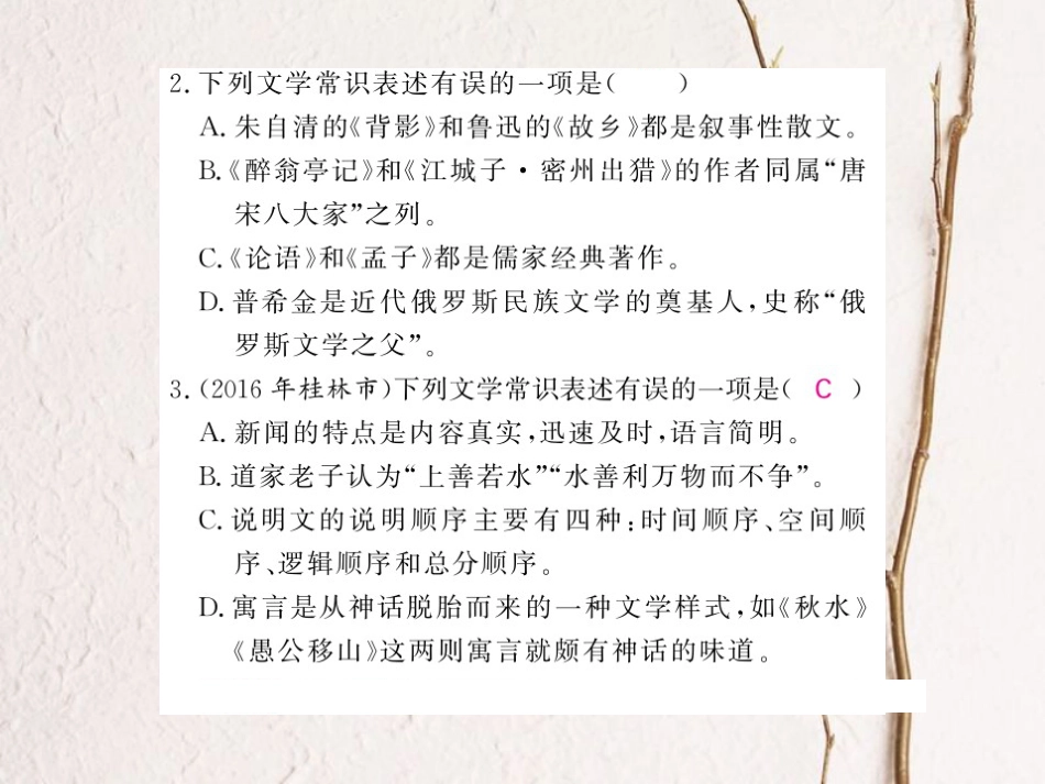 中考语文总复习 第2编 语文知识积累与运用 专题十 文学常识与名著阅读考点精练课件 语文版(1)_第3页