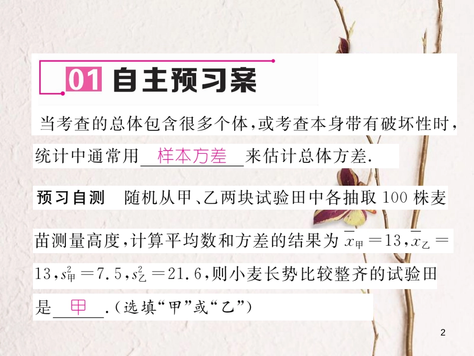 （黔西南专版）八年级数学下册 第20章 数据的分析 20.2 数据的波动程度 第2课时 运用方差解决问题作业课件 （新版）新人教版(1)_第2页