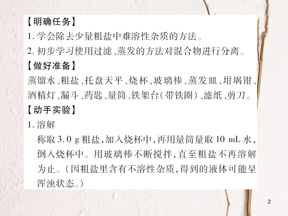 九年级化学下册 第八单元 海水中的化学 到实验室去 粗盐中难溶性杂志的去除习题课件 （新版）鲁教版(1)_第2页