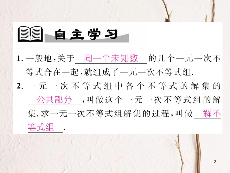 （成都专版）八年级数学下册 第2章 一元一次不等式与一元一次不等式组 2.6 一元一次不等式组 第1课时 一元一次不等式组的解法作业课件 （新版）北师大版(1)_第2页