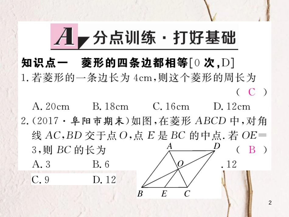 春八年级数学下册 第19章 四边形 19.3 矩形 菱形 正方形 19.3.2 第1课时 菱形的性质练习课件 （新版）沪科版_第2页