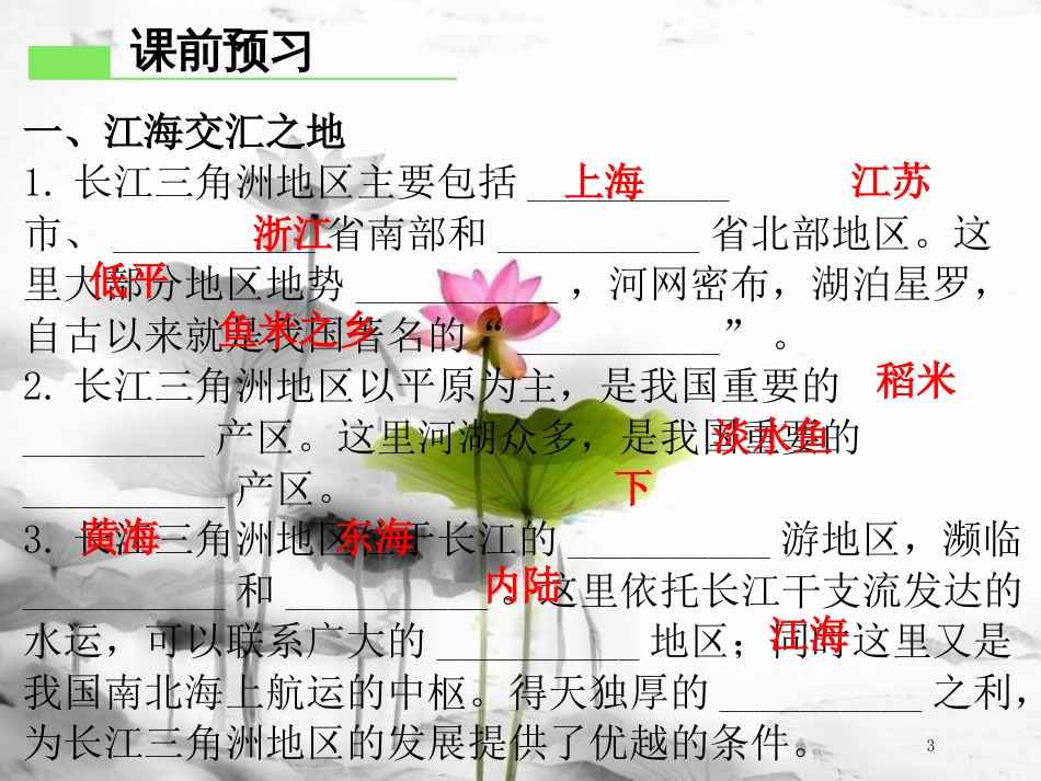 （广东专版）八年级地理下册 第七章 第二节“鱼米之乡”——长江三角洲地区导学练课件 （新版）新人教版(1)_第3页