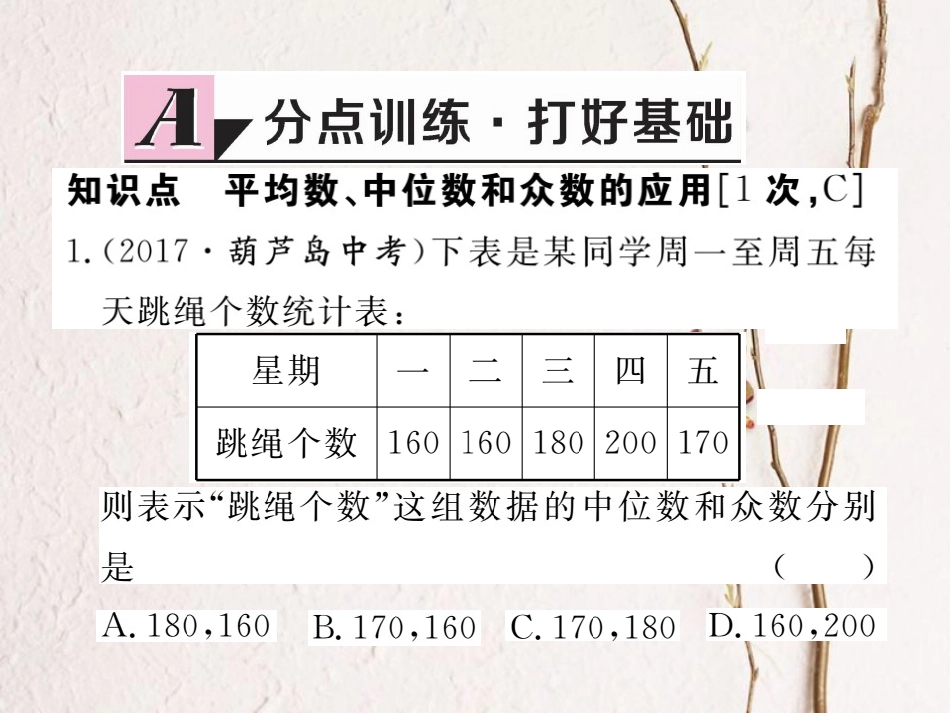 江西省八年级数学下册 第二十章 数据的分析 20.1.2 中位数和众数 第2课时 平均数、中位数和众数的应用练习课件 （新版）新人教版(1)_第2页
