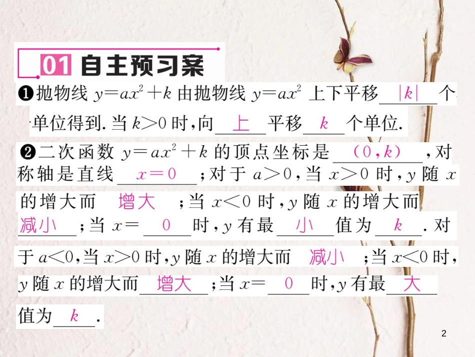 九年级数学下册 第26章 二次函数 26.2.2 二次函数y=ax2+bx+c的图象与性质（第1课时）二次函数y=ax2+k的图象与性质作业课件 （新版）华东师大版_第2页