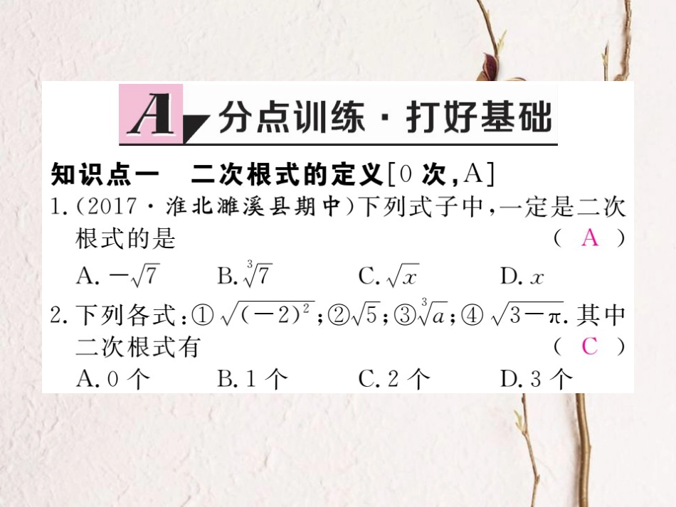 安徽省春八年级数学下册 第16章 二次根式 16.1 二次根式 第1课时 二次根式的概念练习课件 （新版）新人教版_第2页