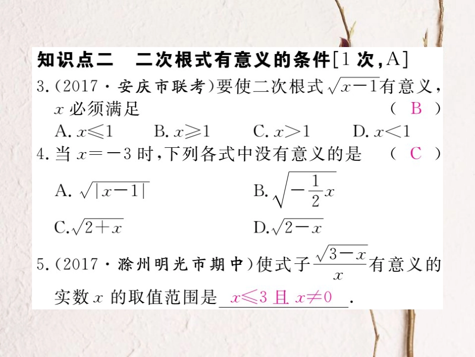 安徽省春八年级数学下册 第16章 二次根式 16.1 二次根式 第1课时 二次根式的概念练习课件 （新版）新人教版_第3页