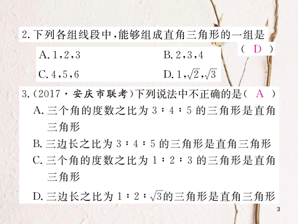 安徽省八年级数学下册 第17章 勾股定理 17.2 勾股定理的逆定理 第1课时 勾股定理的逆定理练习课件 （新版）新人教版(1)_第3页