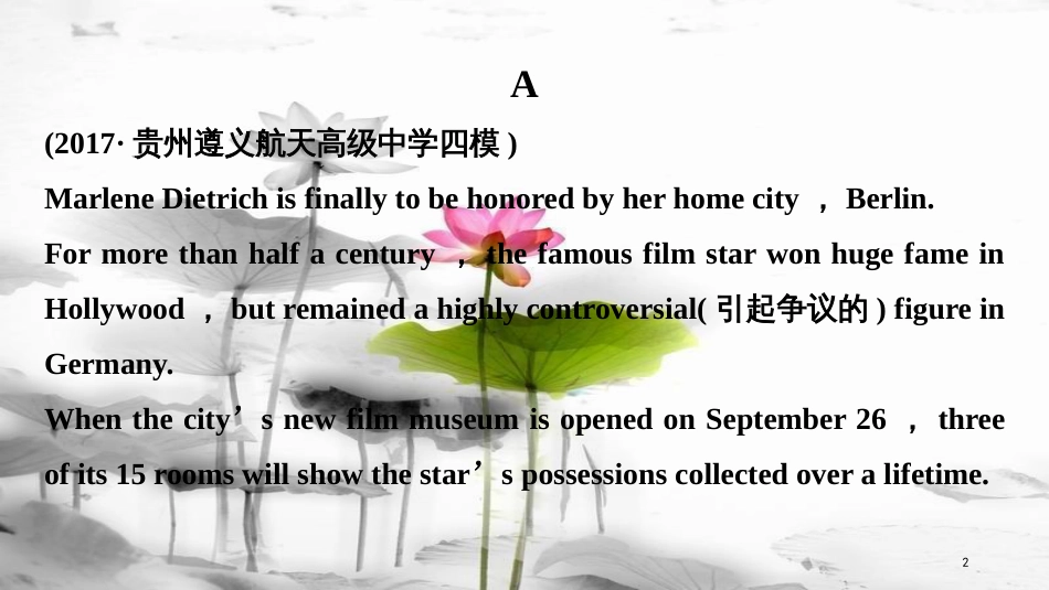 （全国用）高考英语二轮复习与增分策略 专题一 阅读理解 第三节 题组练习 1 人物介绍课件(1)_第2页