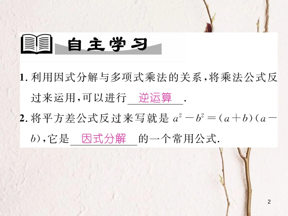 （成都专版）八年级数学下册 第4章 因式分解 3 公式法 第1课时 平方差公式作业课件 （新版）北师大版_第2页