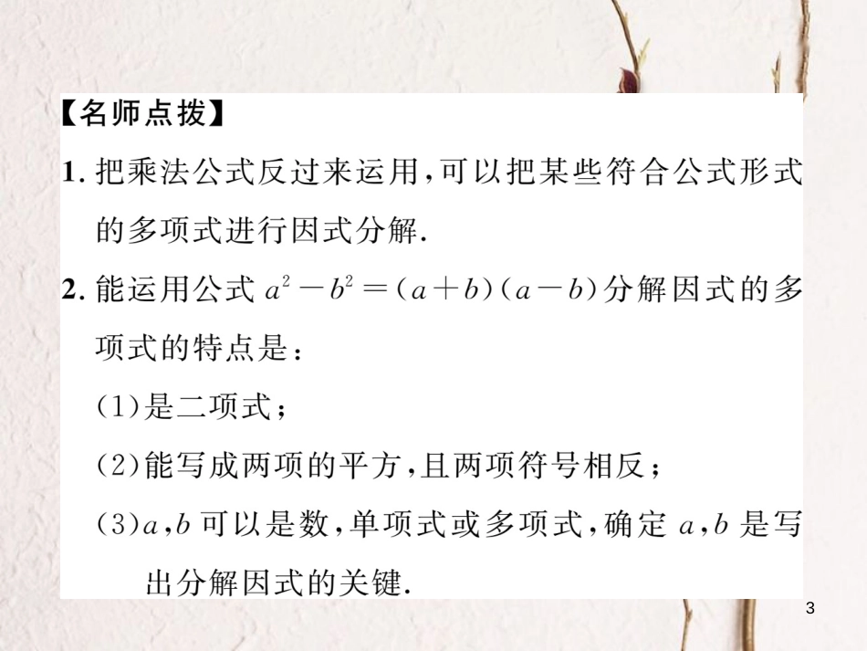 （成都专版）八年级数学下册 第4章 因式分解 3 公式法 第1课时 平方差公式作业课件 （新版）北师大版_第3页