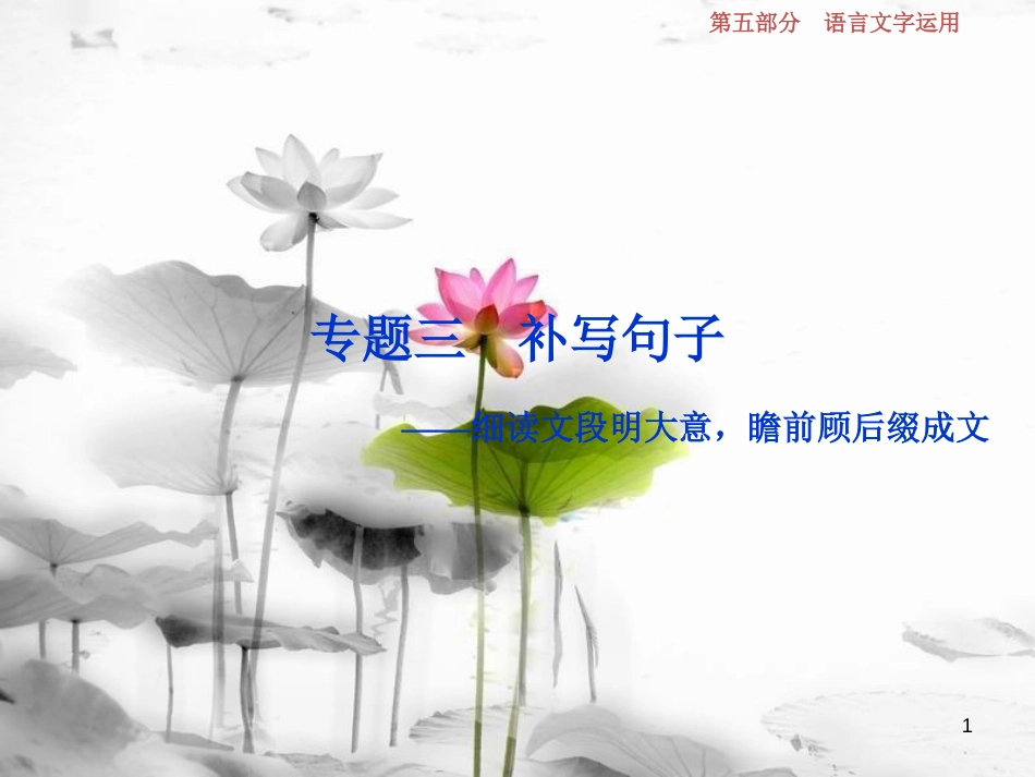 2019高考语文一轮总复习 第五部分 语言文字运用 3 专题三 补写句子-细读文段明大意，瞻前顾后缀成文课件_第1页