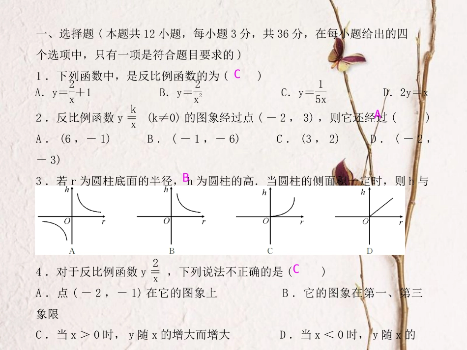 九年级数学下册 26 反比例函数测试卷课件 （新版）新人教版_第2页