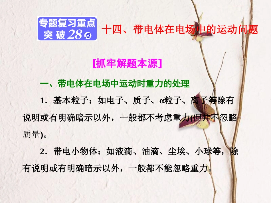（江苏选考）高考物理二轮复习 第一部分 专题三 电场与磁场 十四、带电体在电场中的运动问题课件(1)_第1页
