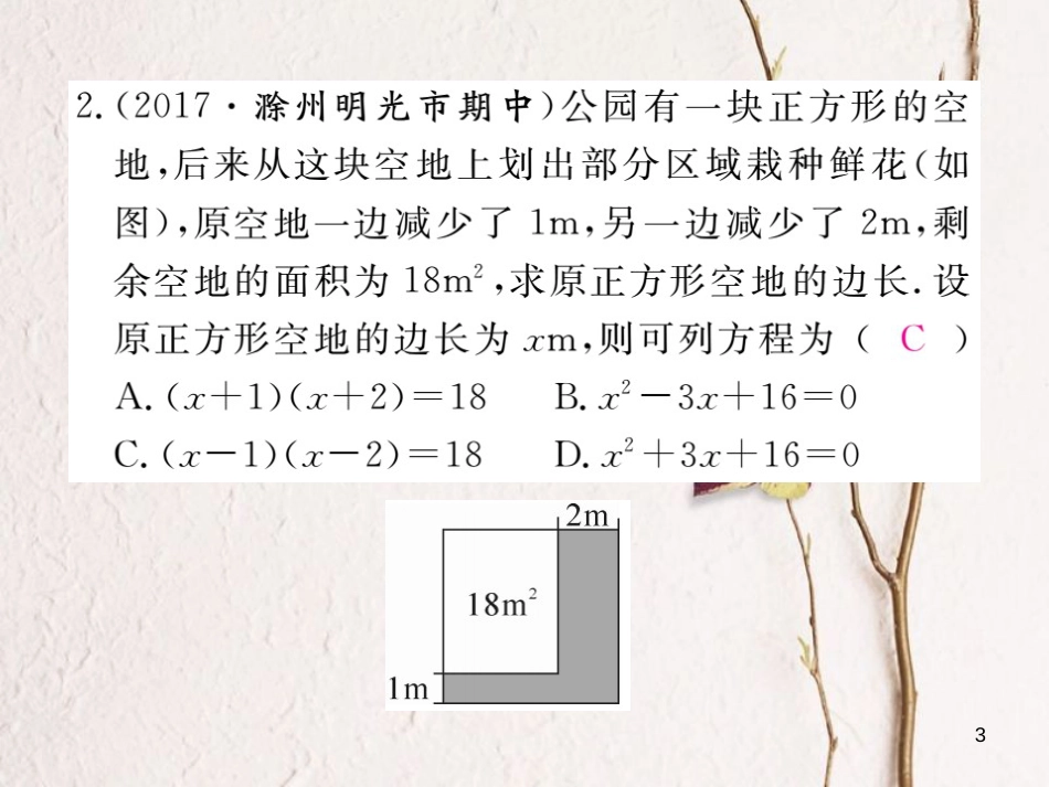 春八年级数学下册 第17章 一元二次方程 17.5 一元二次方程的应用 第2课时 面积问题与其他问题练习课件 （新版）沪科版_第3页