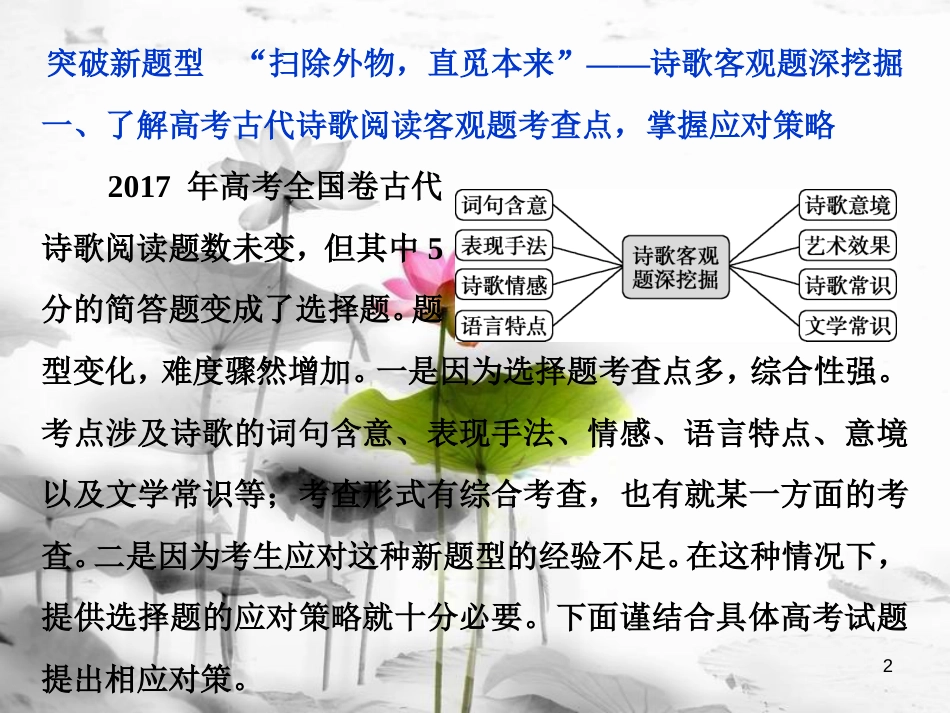 2019高考语文一轮总复习 第四部分 古代诗文阅读 专题二 古代诗歌鉴赏-文坛奇葩诗词曲，彩笔写就断肠句 4 题型突破 掌握技巧，研习考点-教你备考如何学课件_第2页