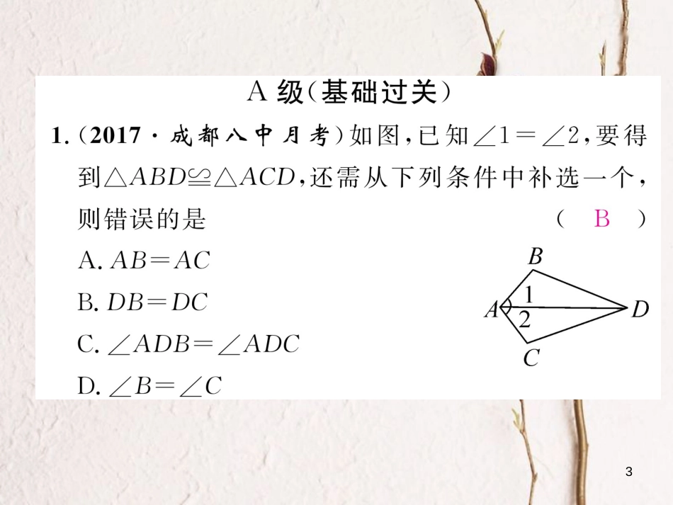 （成都专版）八年级数学下册 第1章 三角形的证明 1 等腰三角形 第1课时 全等三角形和等腰三角形的性质作业课件 （新版）北师大版(1)_第3页