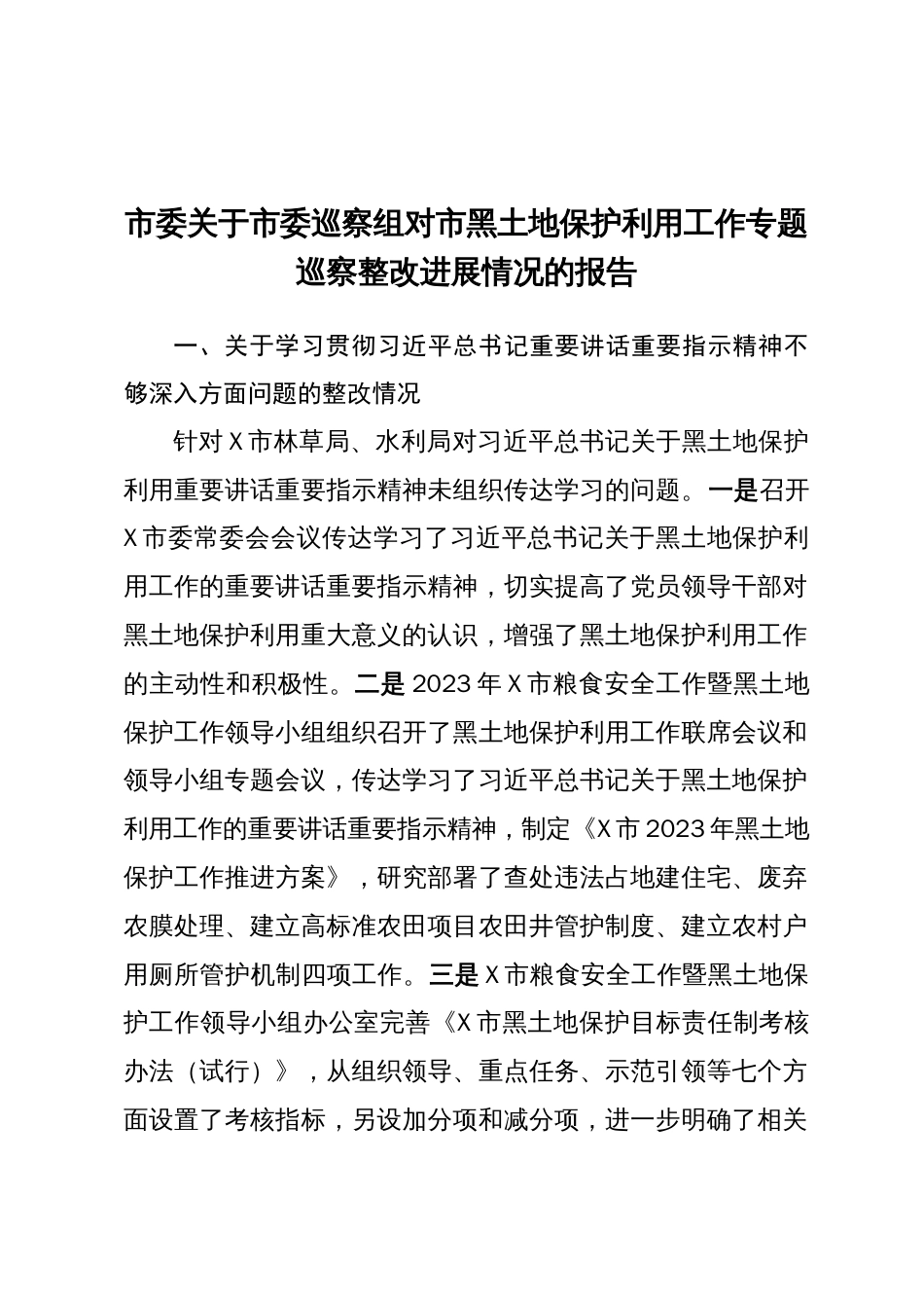 市委关于市委巡察组对市黑土地保护利用工作专题巡察整改进展情况的报告_第1页