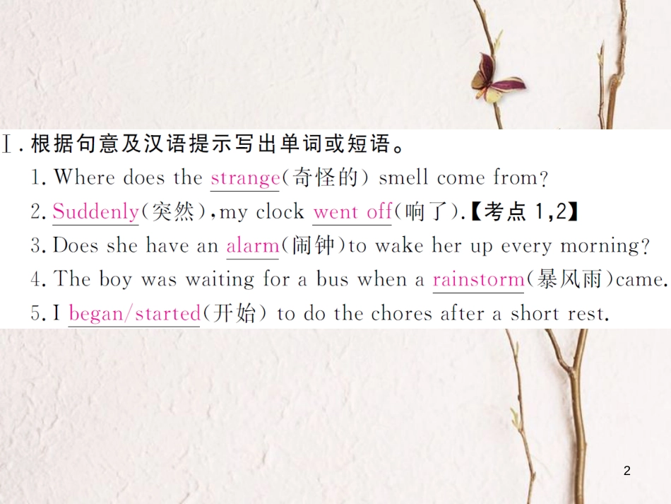 （贵州专版）八年级英语下册 Unit 5 What were you doing when the rainstorm came（第1课时）作业课件 （新版）人教新目标版_第2页