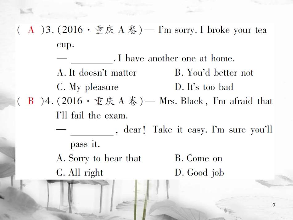 届中考英语复习 第二轮 语法突破 第十八章 情景交际课件_第2页