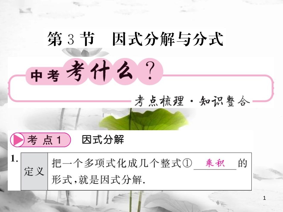 春中考数学总复习 第一轮 同步演练 夯实基础 第一部分 数与代数 第1章 数与式 第3节 因式分解与分式课件 新人教版_第1页