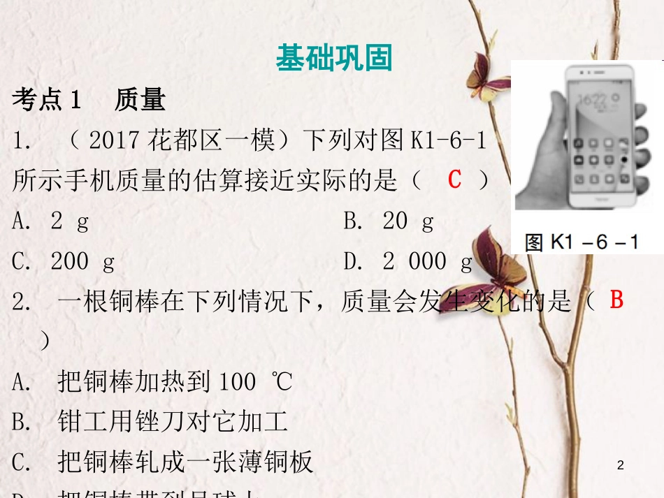 广东省中考物理总复习 第一部分 基础复习 第6课时 质量课后作业课件_第2页