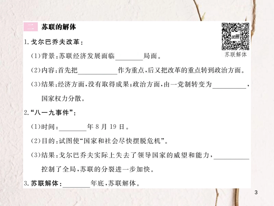 （安徽专版）九年级历史下册 第五单元 社会主义国家的改革与演变 第10课 苏联的改革与解体同步测试课件 新人教版_第3页