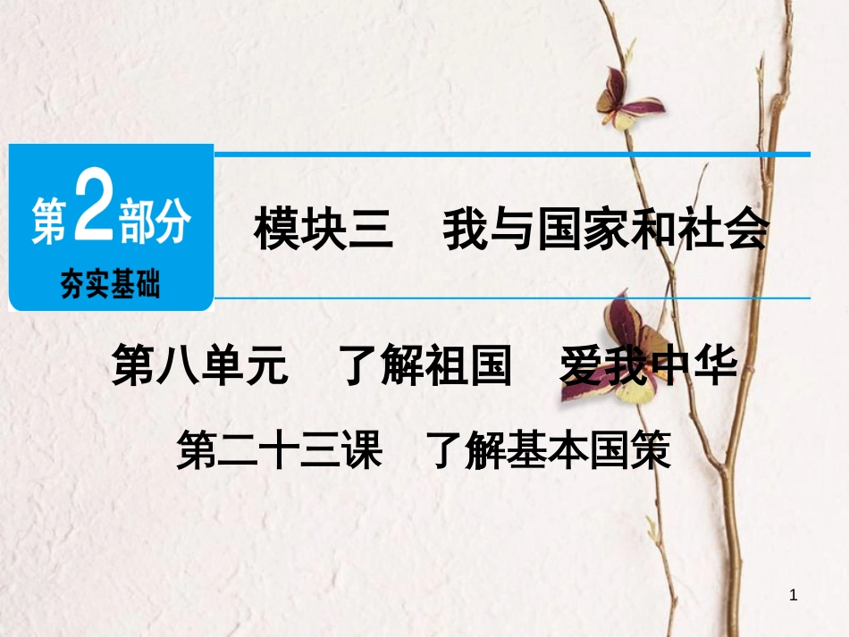 广东省年中考政治 第2部分 夯实基础 模块三 我与国家和社会 第八单元 了解祖国 爱我中华 第23课 了解基本国策精讲课件_第1页