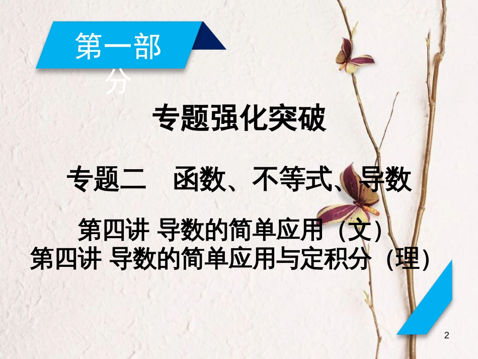 高考数学大二轮复习 专题二 函数、不等式、导数 第4讲 导数的简单应用（文）导数的简单应用与定积分（理）复习指导课件_第2页