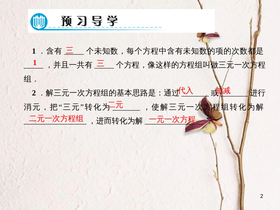 七年级数学下册 第7章 一次方程组 7.3 三元一次方程组及其解法习题课件 （新版）华东师大版_第2页