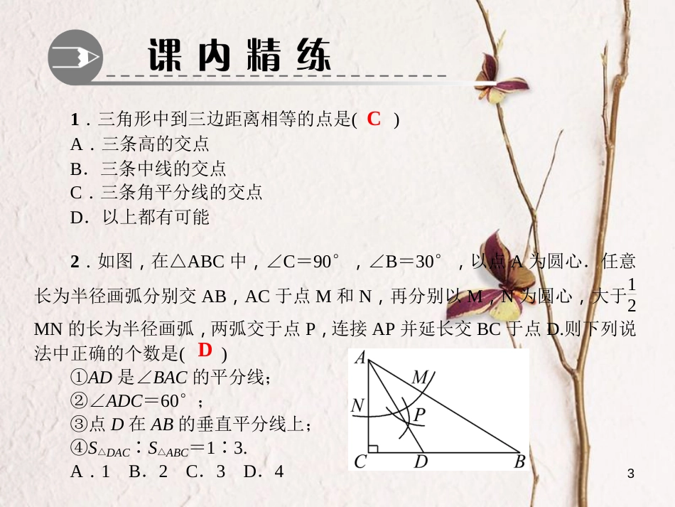 八年级数学下册 第一章 三角形的证明 4 角平分线 第2课时 三角形内角的平分线作业课件 （新版）北师大版_第3页