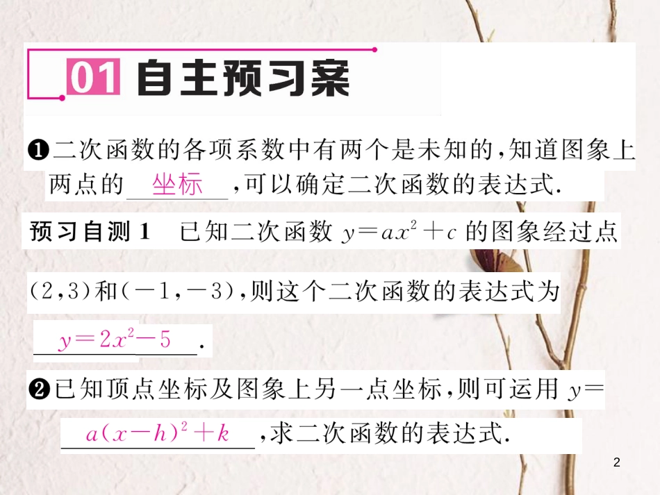 九年级数学下册 第2章 二次函数 3 确定二次函数的表达式（第1课时）已知图象上的两点求表达式作业课件 （新版）北师大版_第2页