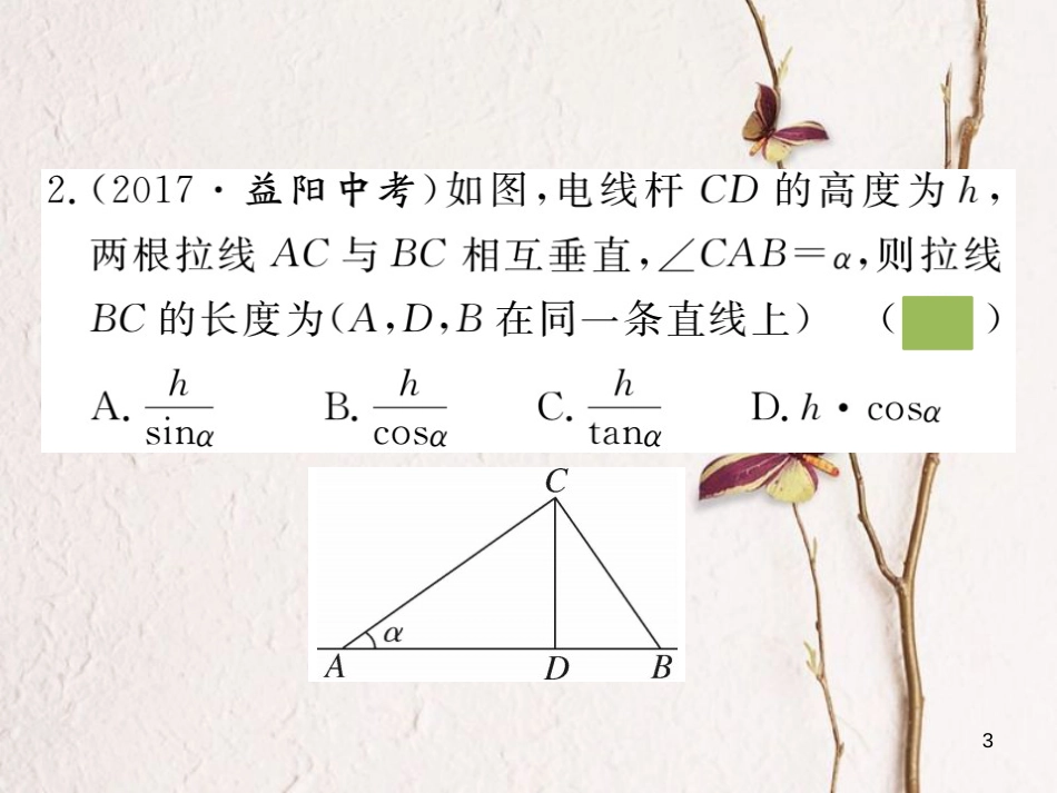 （安徽专版）九年级数学下册 第二十八章 锐角三角函数 28.2.2 第1课时 利用仰俯角解直角三角形练习课件 （新版）新人教版_第3页