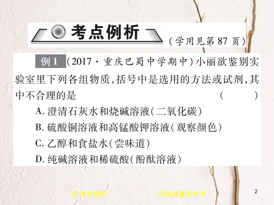 （重庆专版）中考化学总复习 第二篇 重点题型突破 第18讲 物质的鉴别课件_第2页