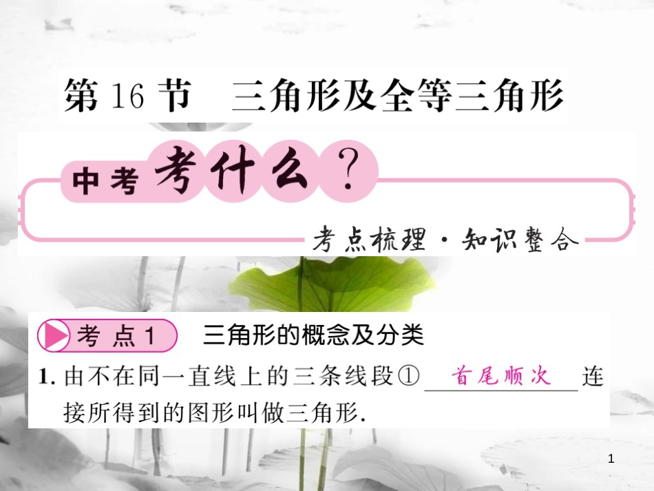 春中考数学总复习 第一轮 同步演练 夯实基础 第二部分 图形与空间 第4章 图形的初步认识与三角形 第16节 三角形及全等三角形课件 新人教版_第1页