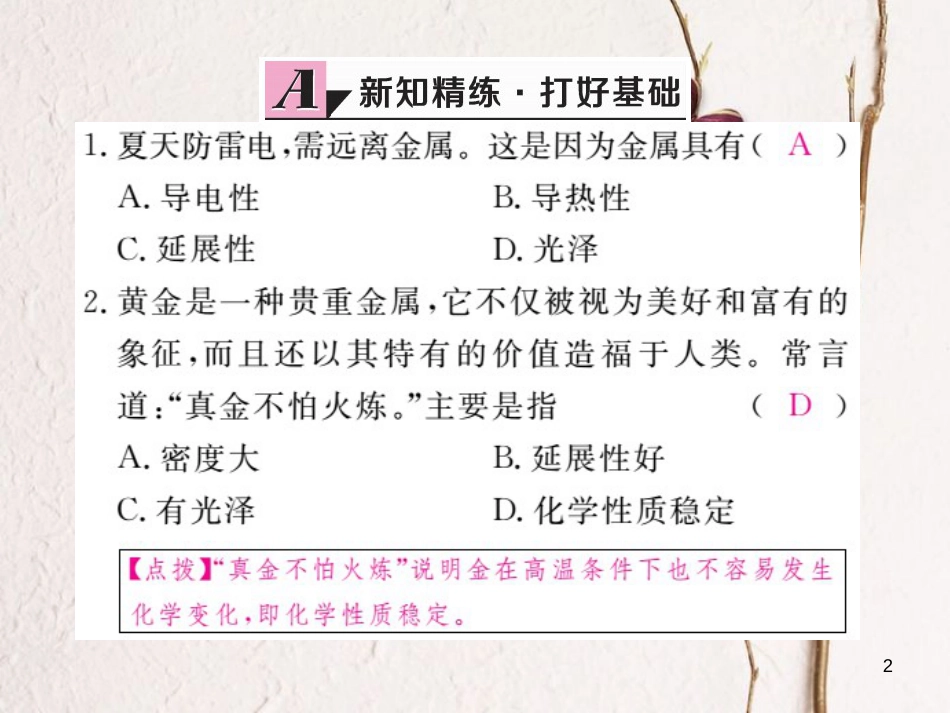（安徽专版）九年级化学下册 8 金属和金属材料 实验活动4 金属的物理性质和某些化学性质练习课件 （新版）新人教版_第2页