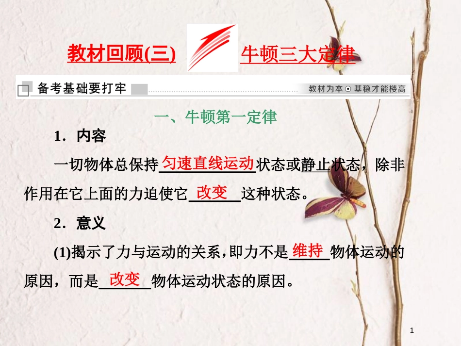 高考物理二轮复习 第二章 相互作用 牛顿动动定律 教材回顾（三）牛顿三大定律课件_第1页