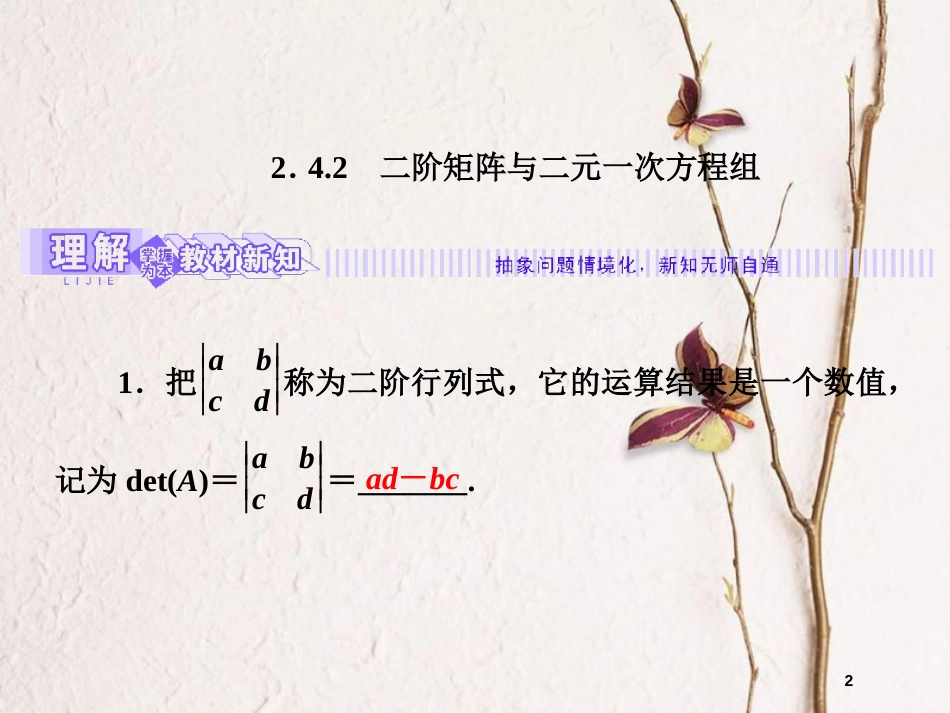 高中数学 2.4 逆变换与逆矩阵 2.4.2 二阶矩阵与二元一次方程组课件 苏教版选修4-2_第2页