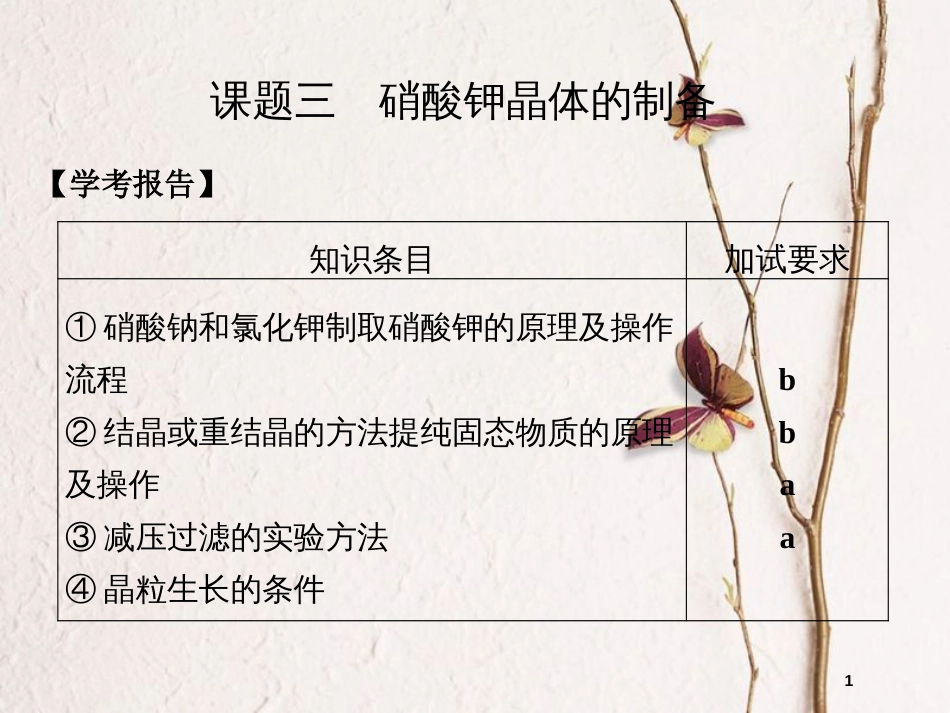 （浙江专用）高中化学 专题一 物质的分离与提纯 课题3 硝酸钾晶体的制备课件 苏教版选修6_第1页