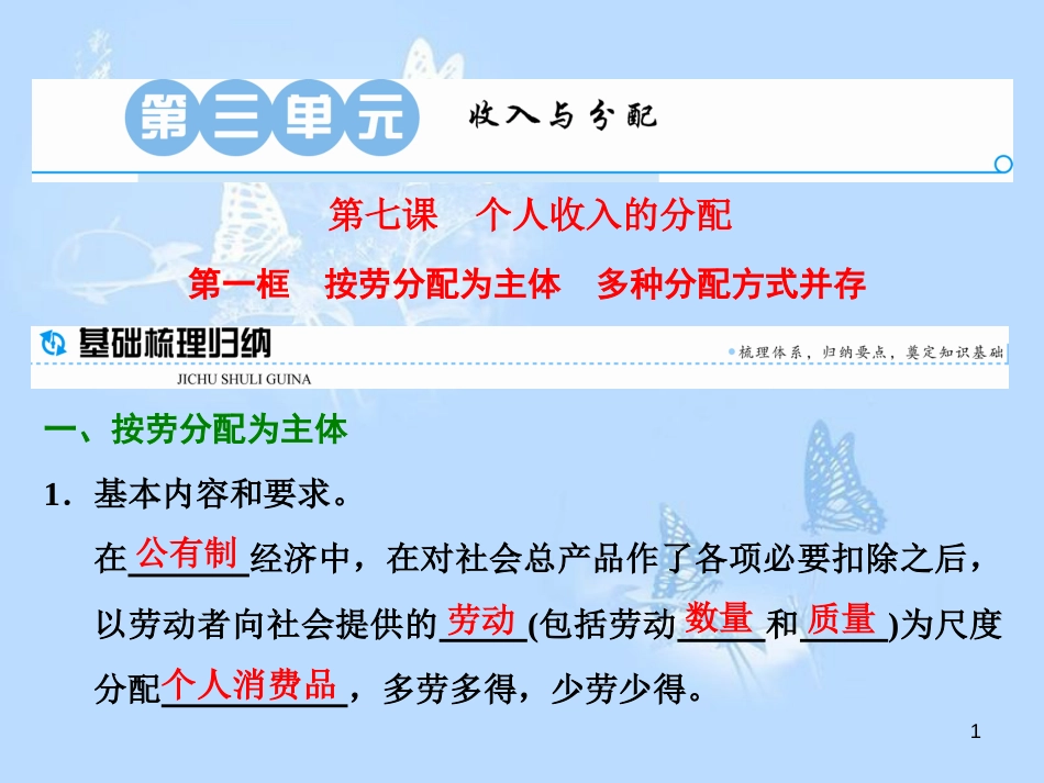 高中政治 第七课 个人收入的分配 第一框 按劳分配为主体 多种分配方式并存课件 新人教版必修1_第1页