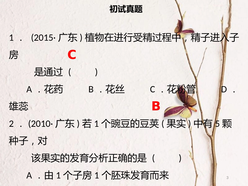 广东省中考生物 模块三 生物圈中的绿色植物 第六课时 植物生殖器官的生长课件_第3页