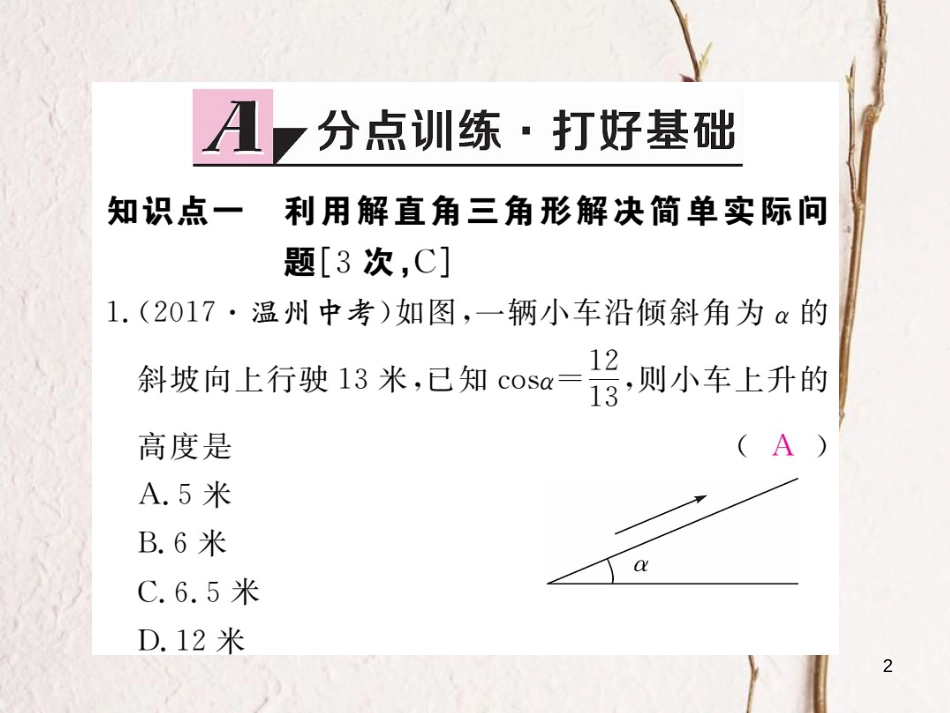 河北省九年级数学下册 28 锐角三角函数 28.2.2 第1课时 利用仰俯角解直角三角形练习课件 （新版）新人教版_第2页