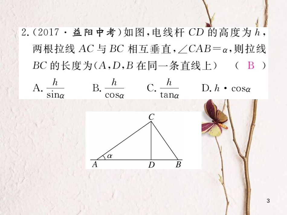 河北省九年级数学下册 28 锐角三角函数 28.2.2 第1课时 利用仰俯角解直角三角形练习课件 （新版）新人教版_第3页