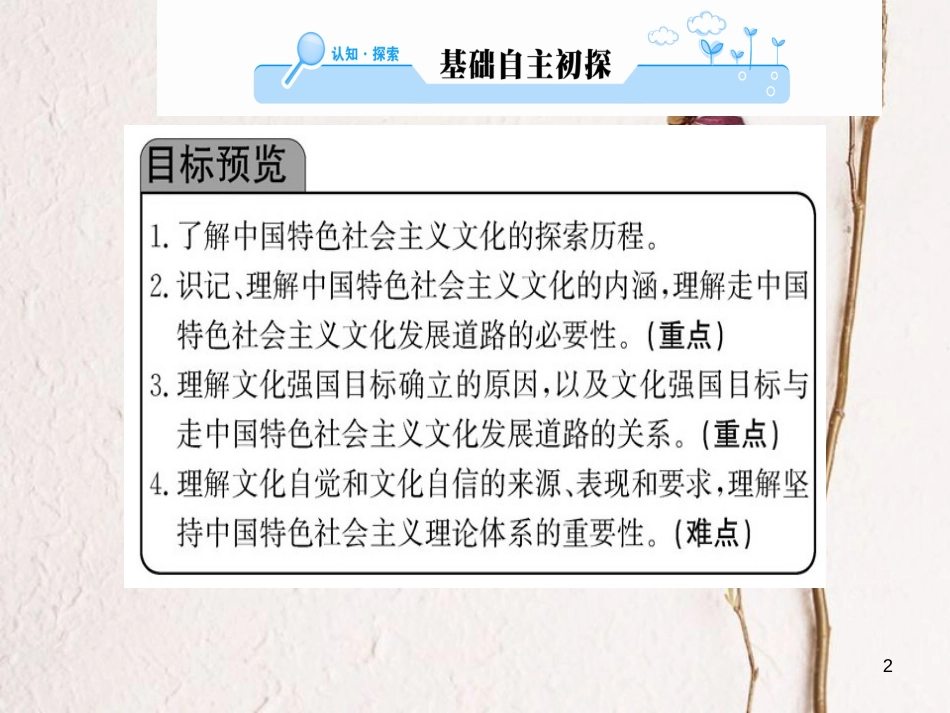 高中政治 第四单元 发展先进文化 第九课 建设中国特色社会主义文化 第一框 走中国特色社会主义文化发展道路课件 新人教版必修3_第2页